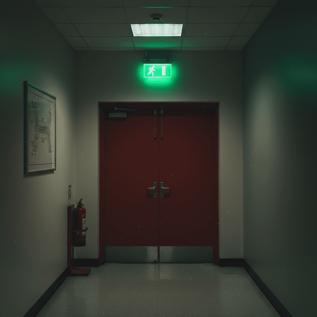 Panneau sortie de secours lumineux au-dessus d’une porte coupe-feu