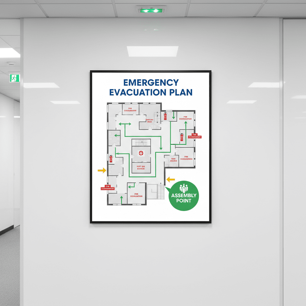 Plan d'évacuation incendie affiché dans le couloir d'un immeuble de bureaux