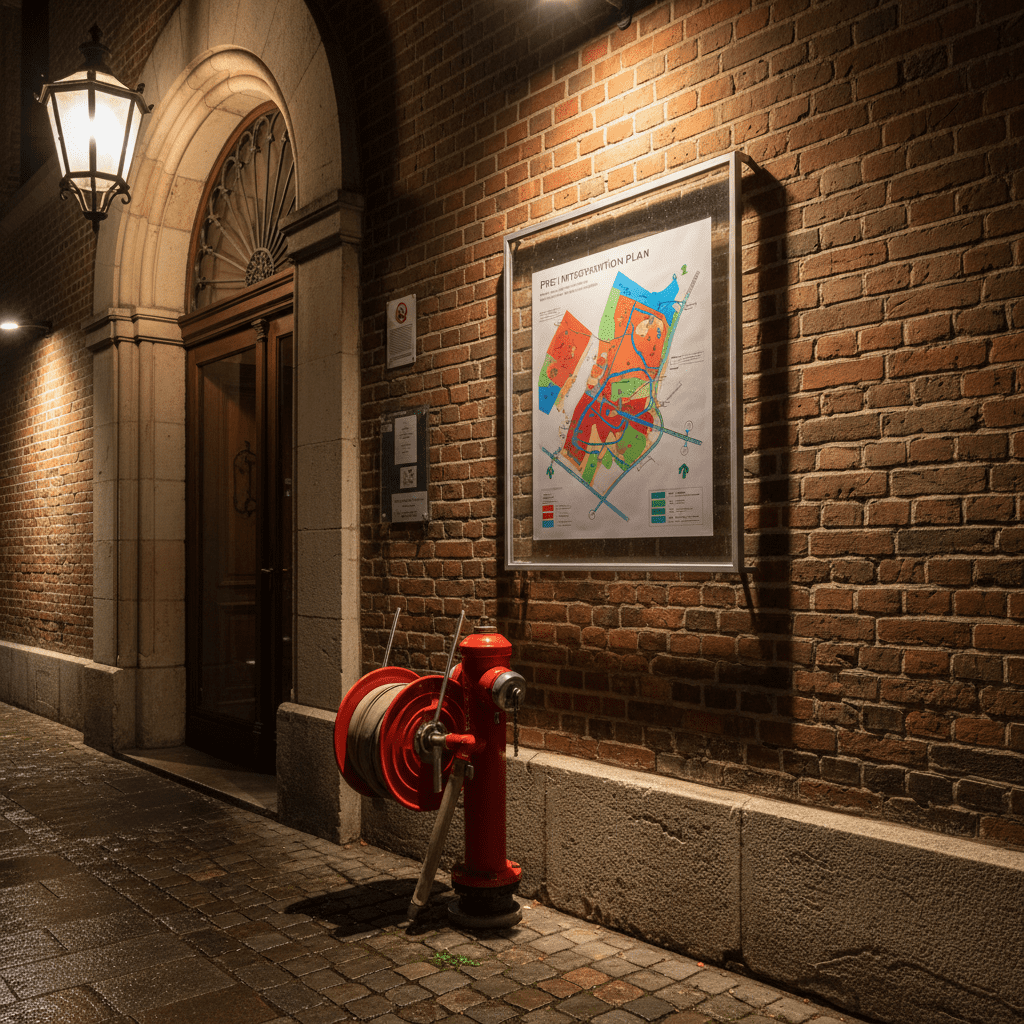 Plan d'intervention incendie affiché à l'entrée d'un bâtiment