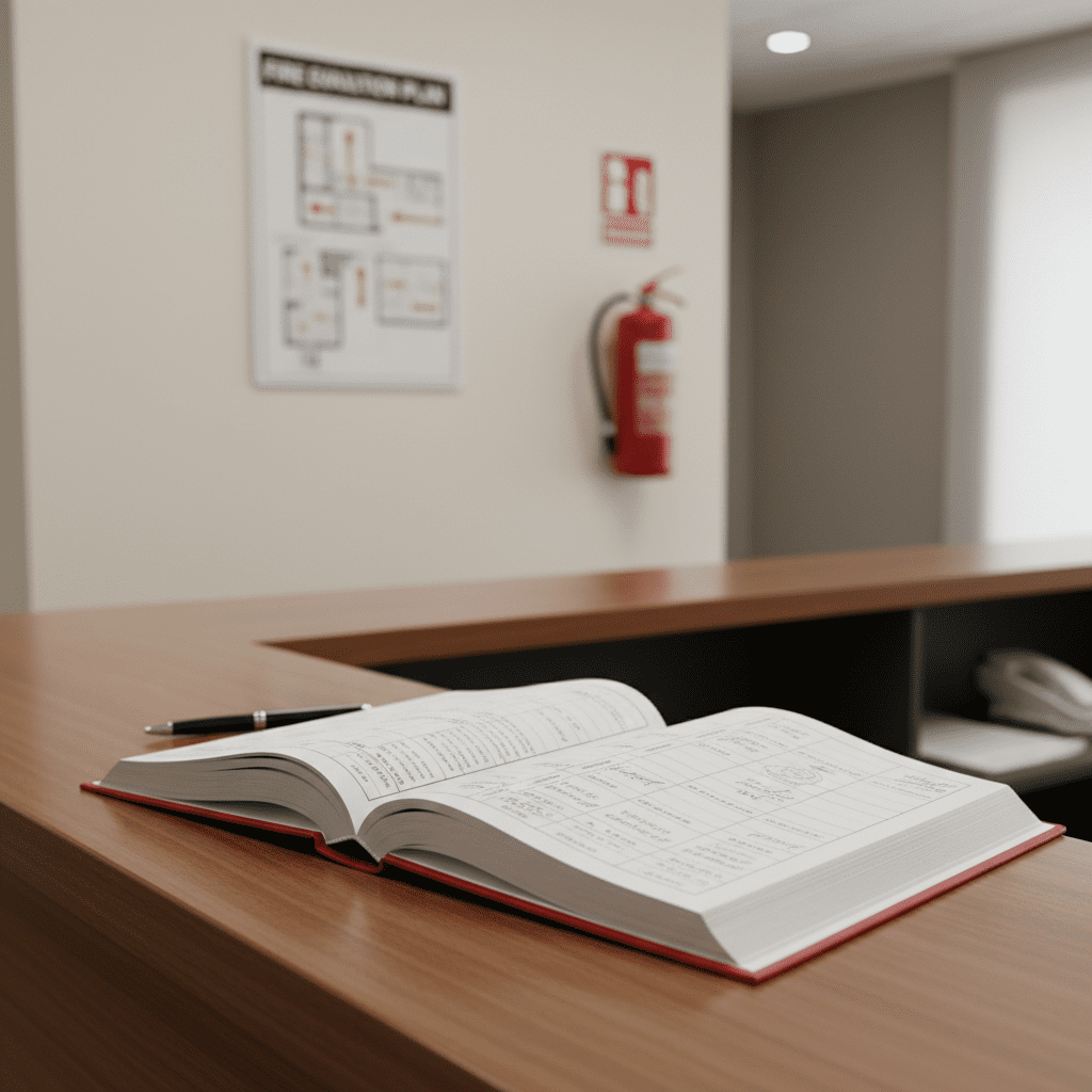 Registre de sécurité incendie ouvert sur bureau avec contrôles et signatures
