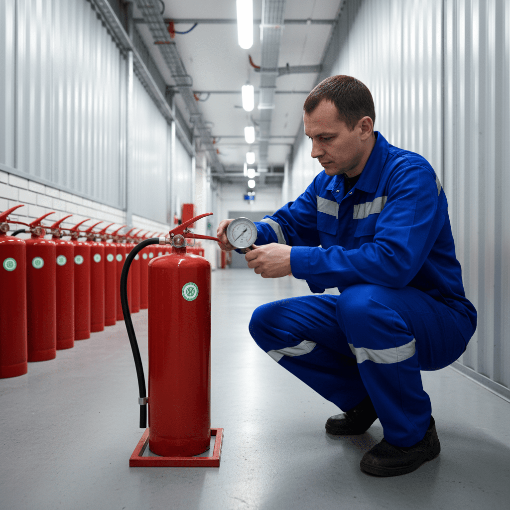 Technicien vérifiant la pression d'un extincteur avec manomètre en usine