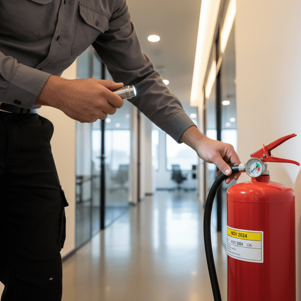 Technicien vérifiant la pression d’un extincteur dans un couloir de bureau
