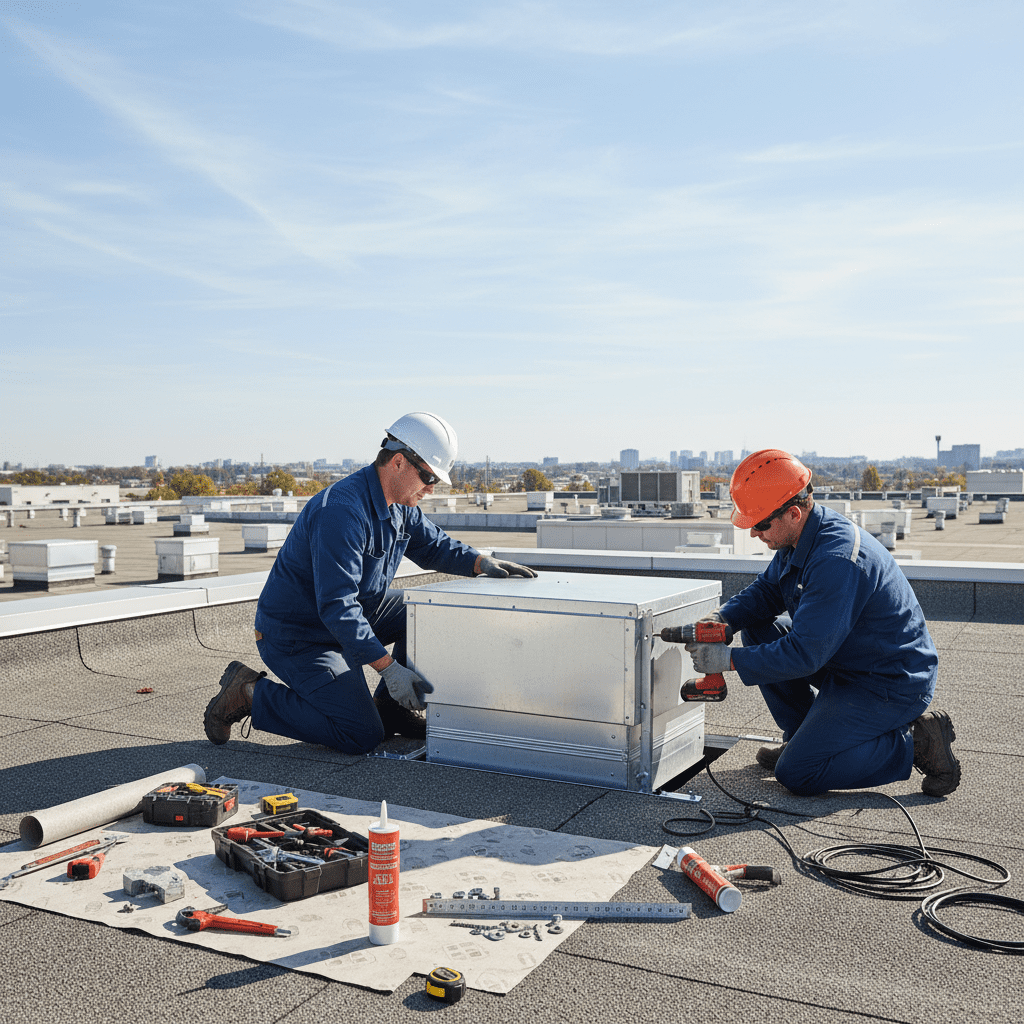 Techniciens installant une trappe de désenfumage sur le toit d’un ERP