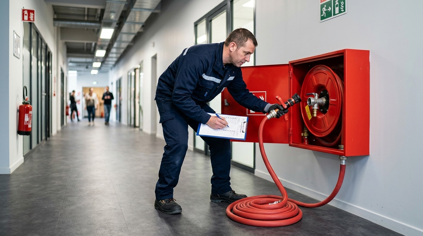 RIA à Lyon : installation, vérification annuelle et certification APSAD R5 pour ERP 2 Contrôle annuel d'un robinet d'incendie armé par un technicien qualifié dans un ERP à Lyon