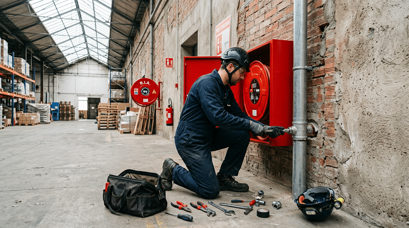 RIA à Lyon : installation, vérification annuelle et certification APSAD R5 pour ERP 1 Technicien procédant à l'installation d'un robinet d'incendie armé dans un ERP à Lyon