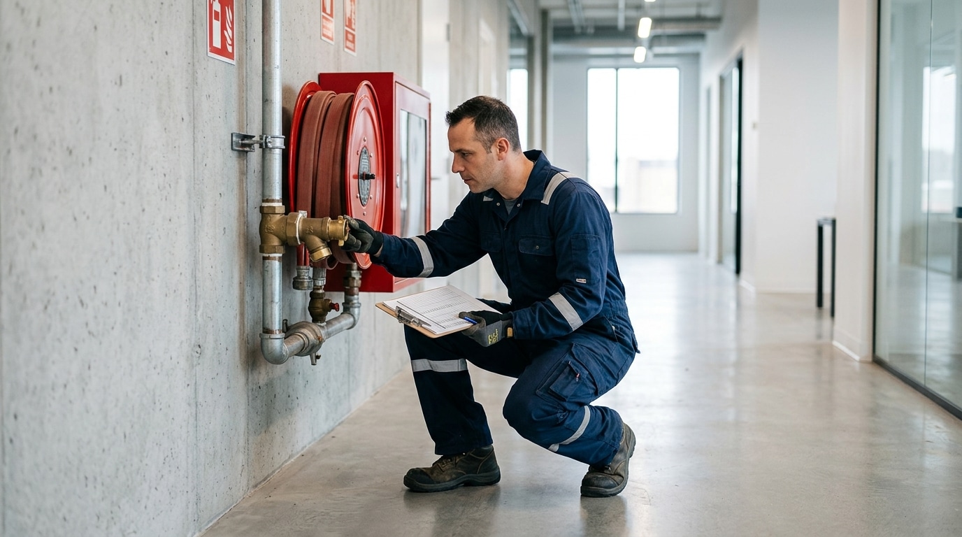 Combien de RIA par m² en ERP ? Règles de calcul et d'implantation réglementaires 1 Technicien sécurité incendie contrôlant un RIA lors d'une vérification annuelle dans un ERP lyonnais