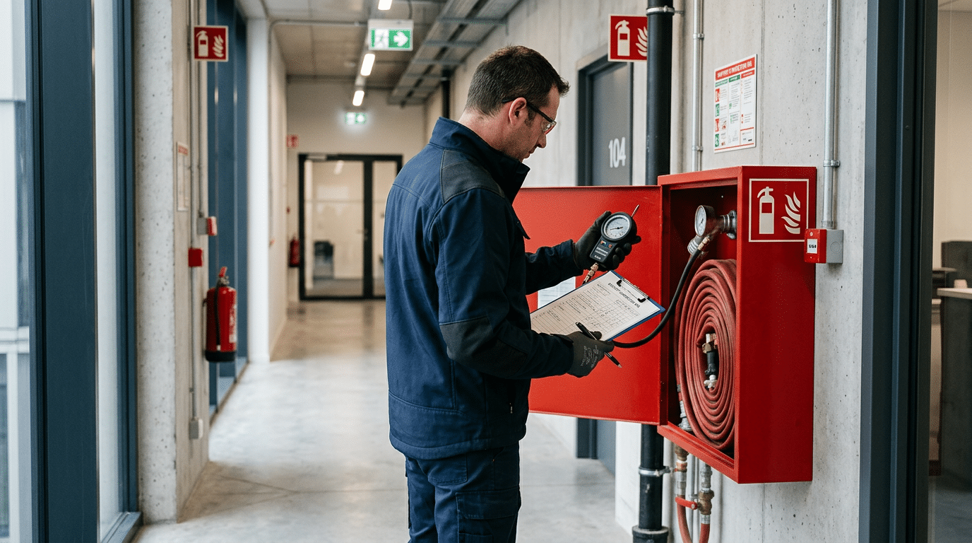 Pression d'un RIA : valeurs réglementaires, méthode de contrôle et causes de non-conformité 1 Technicien Hexia Sécurité mesurant la pression d'un RIA dans un ERP de la région lyonnaise