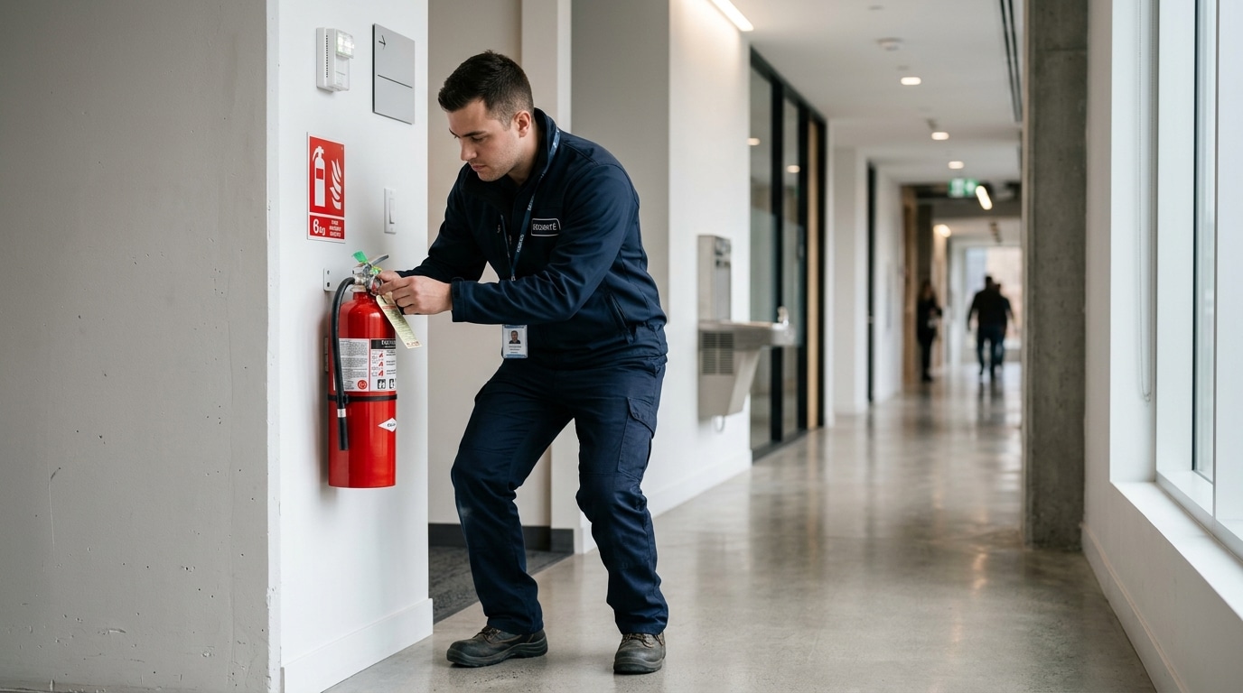 Technicien réalisant un audit sécurité incendie sur un extincteur dans un ERP à Lyon