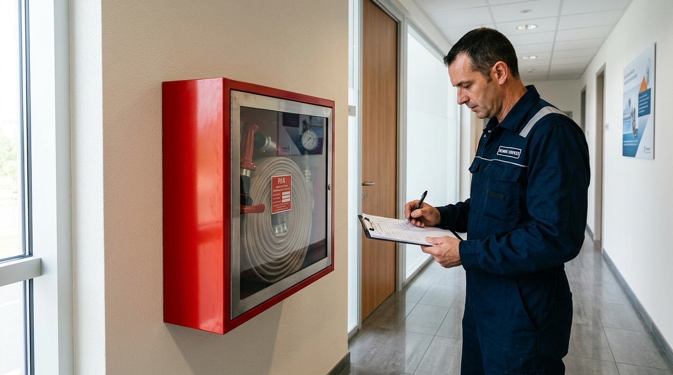 Technicien contrôlant un robinet d'incendie armé RIA lors d'une visite de maintenance en ERP